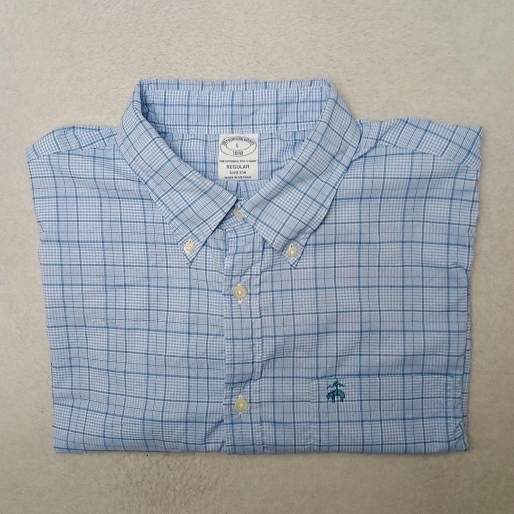 Brooks Brothers Shirt Mens L Blue Glen Plaid Button-Down Light Stretch Work